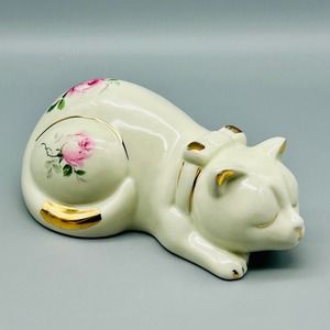 Vintage Ceramic Sleeping Cat Adorned With Pink Roses and Gold Accents 7”